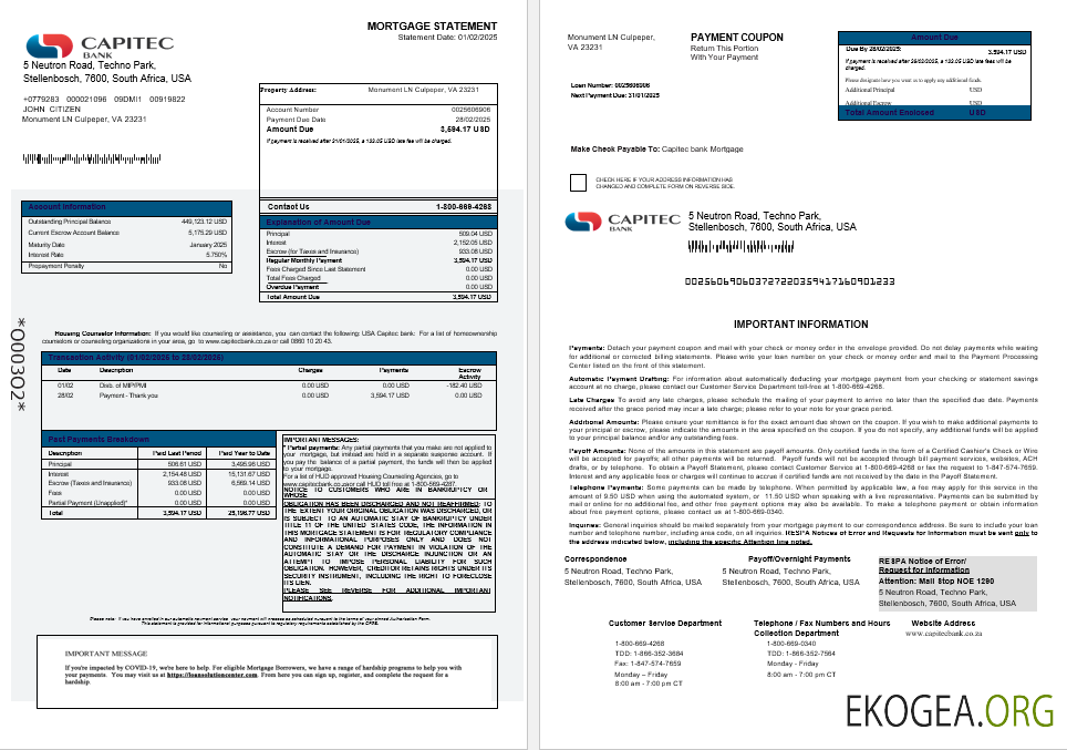 Relevé hypothécaire de la banque Capitec aux États , Unis aux formats Word et PDF 1 , 2